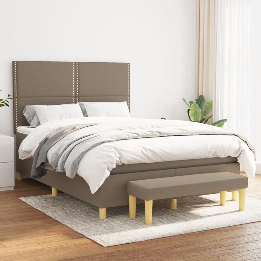 The Living Store Bed Bank 193 x 144 x 118 128 cm Taupe Stoffen bekleding Pocketvering matras Huidvriendelijk topmatras Multifunctioneel Inclusief montagehandleiding