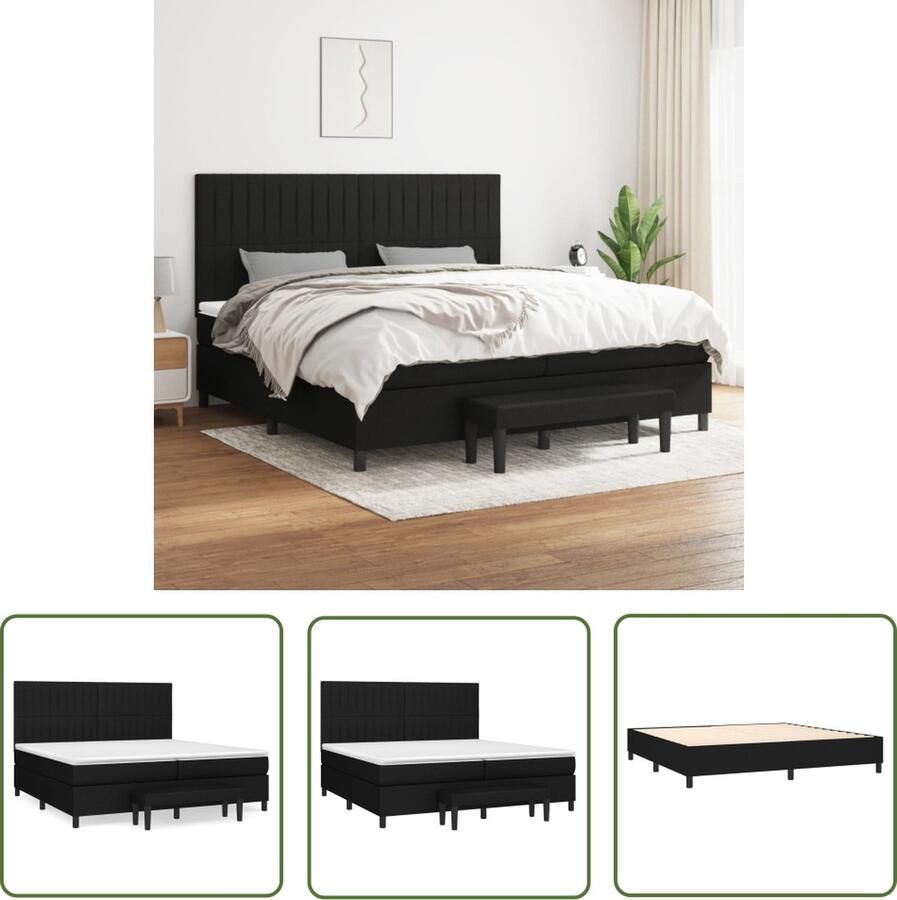 The Living Store Bed Boxspring Zwart Stof 203x200x118 128 cm Verstelbaar hoofdbord Pocketvering matras Middelharde ondersteuning Huidvriendelijk topmatras Multifunctioneel bankje Inclusief montagehandleiding