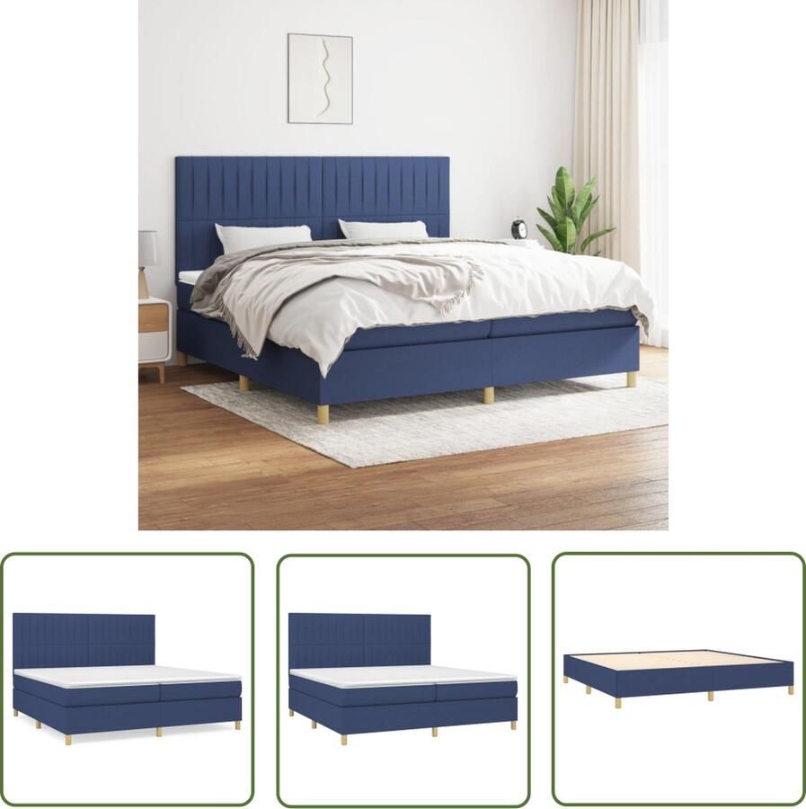 The Living Store Boxspringbed Bed 203 x 200 x 118 128 cm Blauw Stof en multiplex Inclusief 2 matrassen en 1 topmatras Boxspringbed Bed Frame Slaapkamer Meubels Tweepersoonsbed Blauwe Bed