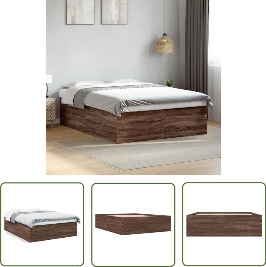 VidaXL Bed Frame Bruin Houten Bed Bedframe bewerkt hout bruin eikenkleur 150x200 cm Eiken Kleur Bed Tweepersoons Bed King Size Bed