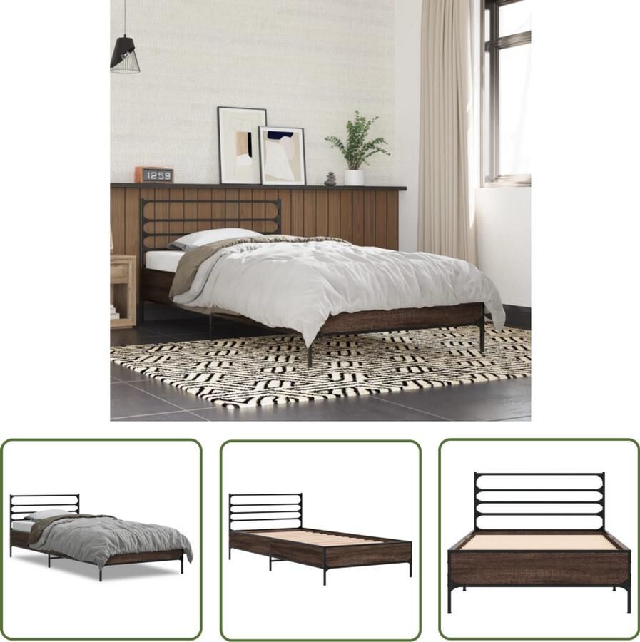 VidaXL Bed Frame Bruin Houten Bed Bedframe bewerkt hout en metaal bruin eikenkleurig 100x200 cm Tweepersoons Bed King Size Bed Boxspring Bed