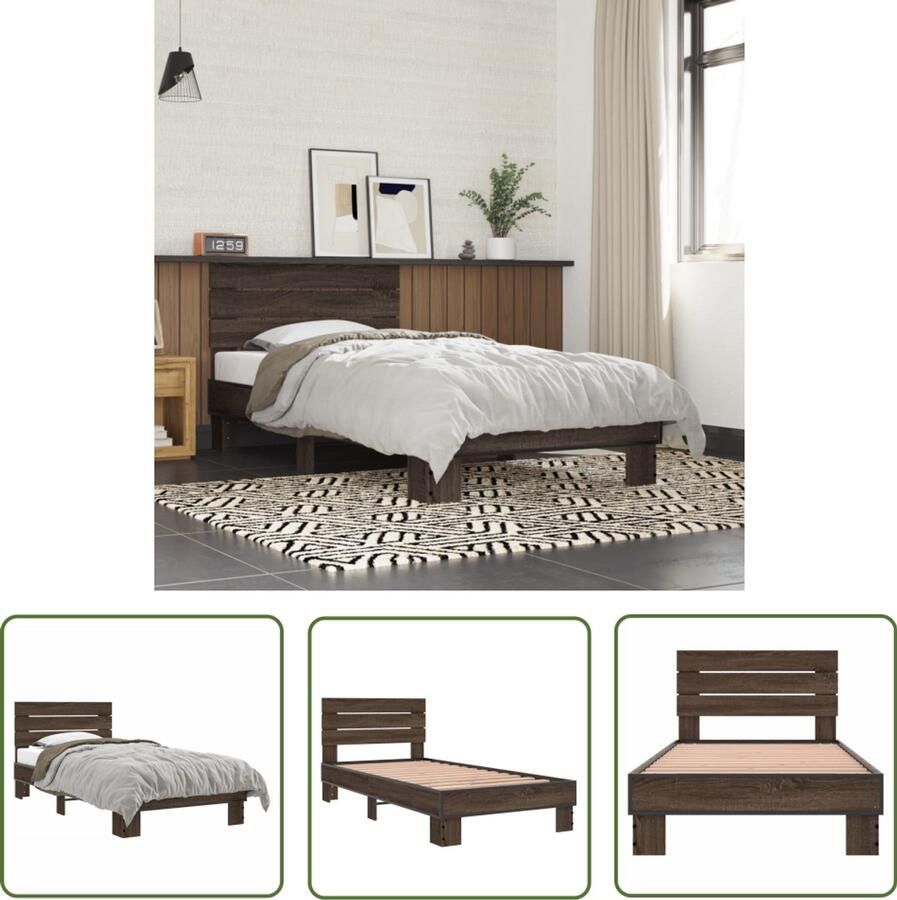 VidaXL Bed Frame Bruin Houten Bed Bedframe bewerkt hout en metaal bruin eikenkleurig 75x190 cm Tweepersoons Bed Enkel Bed Bedkast