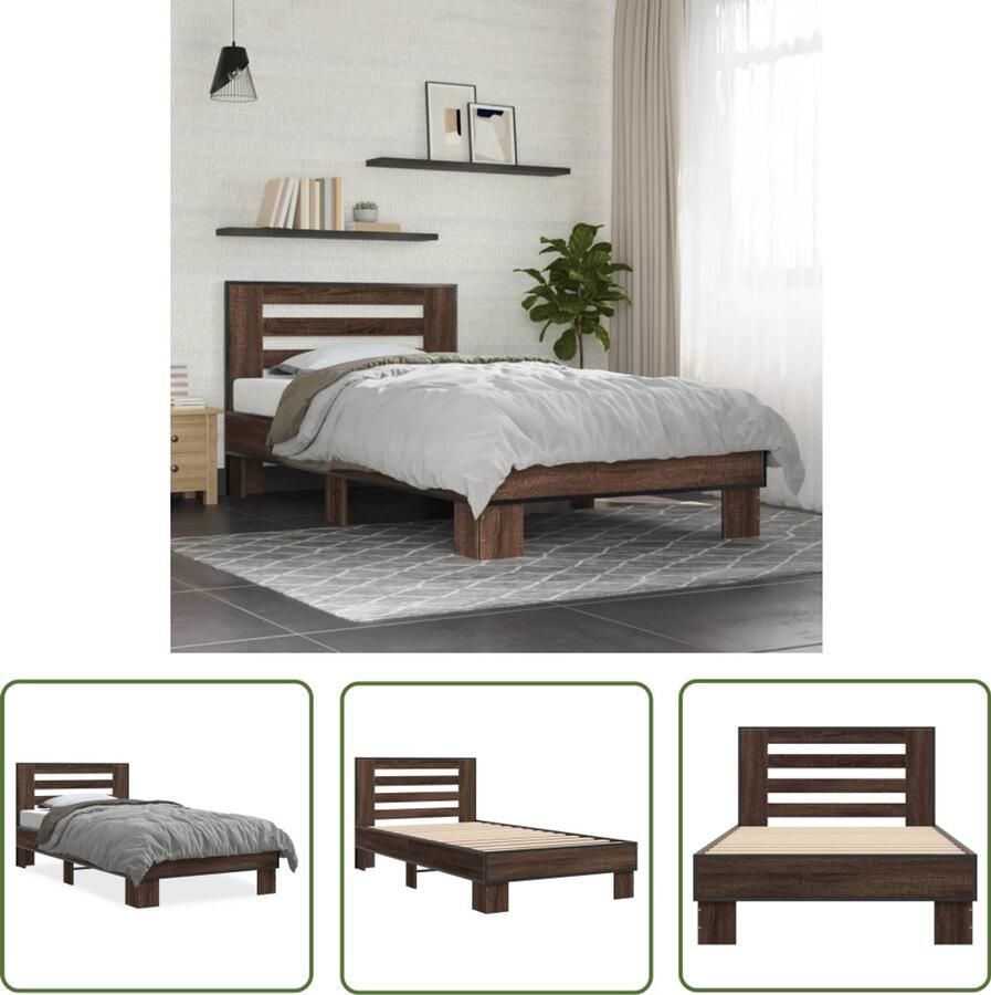 VidaXL Bed Frame Bruin Houten Bed Bedframe bewerkt hout en metaal bruin eikenkleurig 75x190 cm Tweepersoons Bed King Size Bed Boxspring Bed