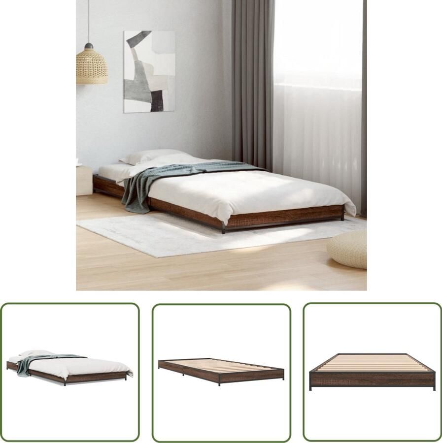 VidaXL Bed Frame Bruin Houten Bed Bedframe bewerkt hout en metaal bruin eikenkleurig 75x190 cm Tweepersoons Bed Design Bed Modern Bed