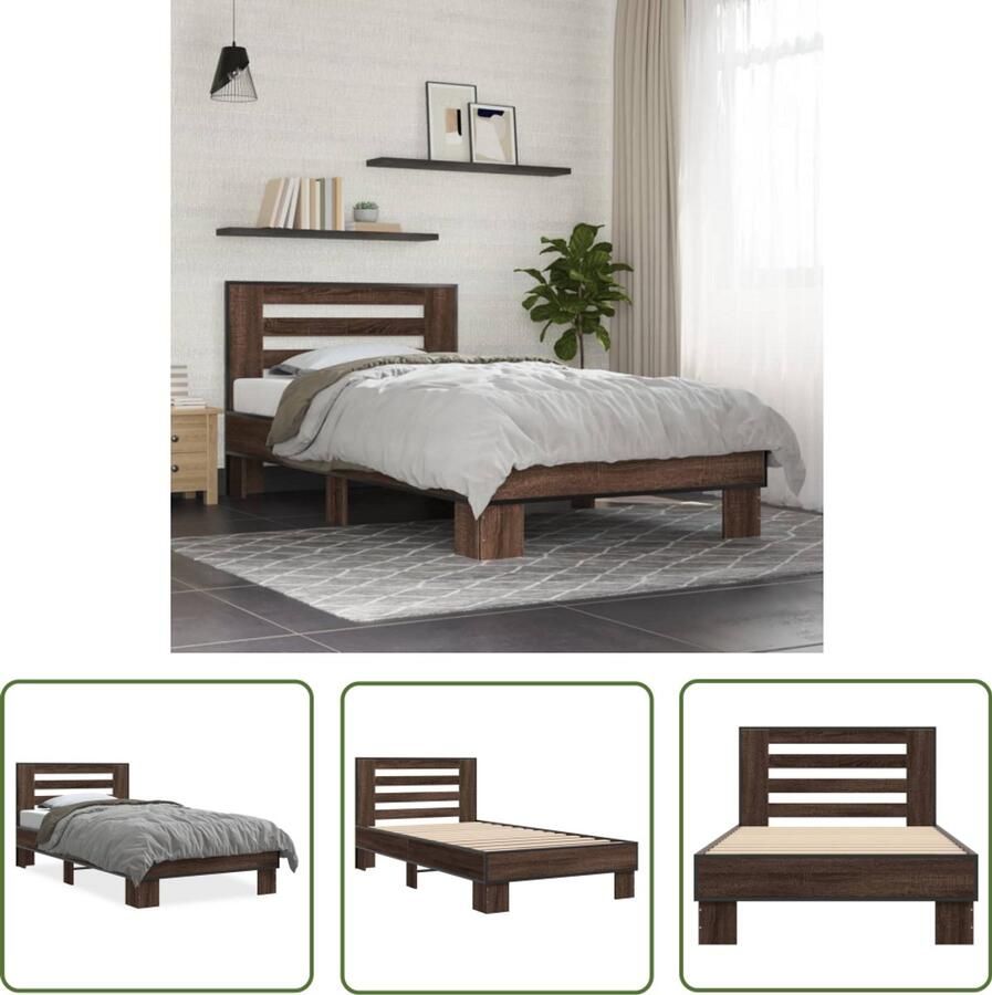 VidaXL Bed Frame Bruin Houten Bed Bedframe bewerkt hout en metaal bruin eikenkleurig 90x190 cm Tweepersoons Bed 90x190 Bedkast
