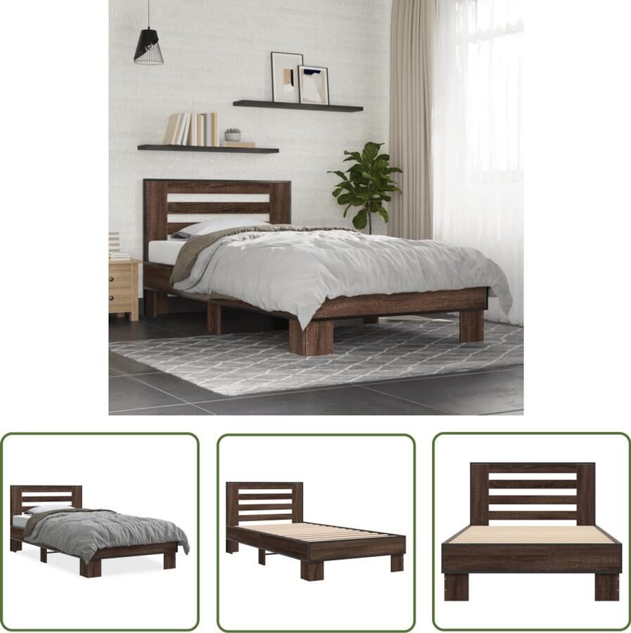 VidaXL Bed Frame Bruin Houten Bed Bedframe bewerkt hout en metaal bruin eikenkleurig 90x200 cm Tweepersoons Bed Boxspring Bed Stapelbaar Bed