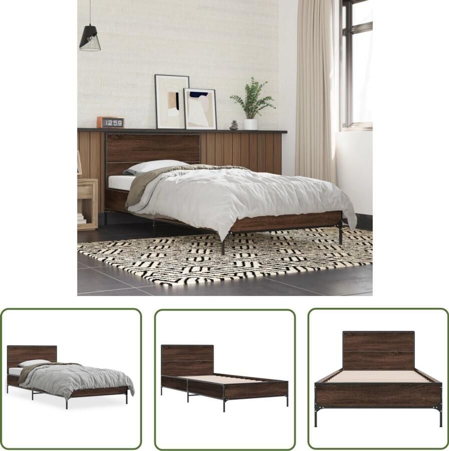 VidaXL Bed Frame Bruin Houten Bed Bedframe bewerkt hout en metaal bruin eikenkleurig 90x200 cm Eiken Kleur Tweepersoons Bed 90x200
