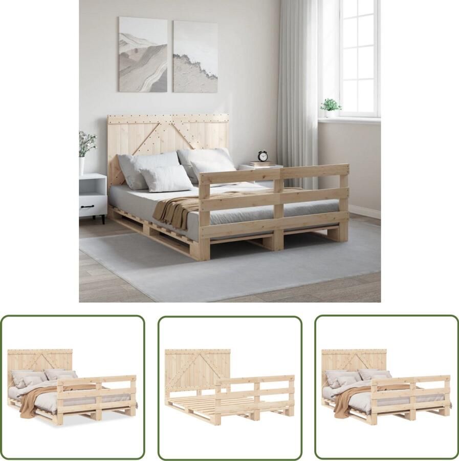 VidaXL Bed Frame Bruin Massief Grenenhout Bed Frame Bedframe met hoofdbord massief grenenhout 160x200 cm Tweepersoons Bed Frame King Size Bed Frame Houten Bed Frame