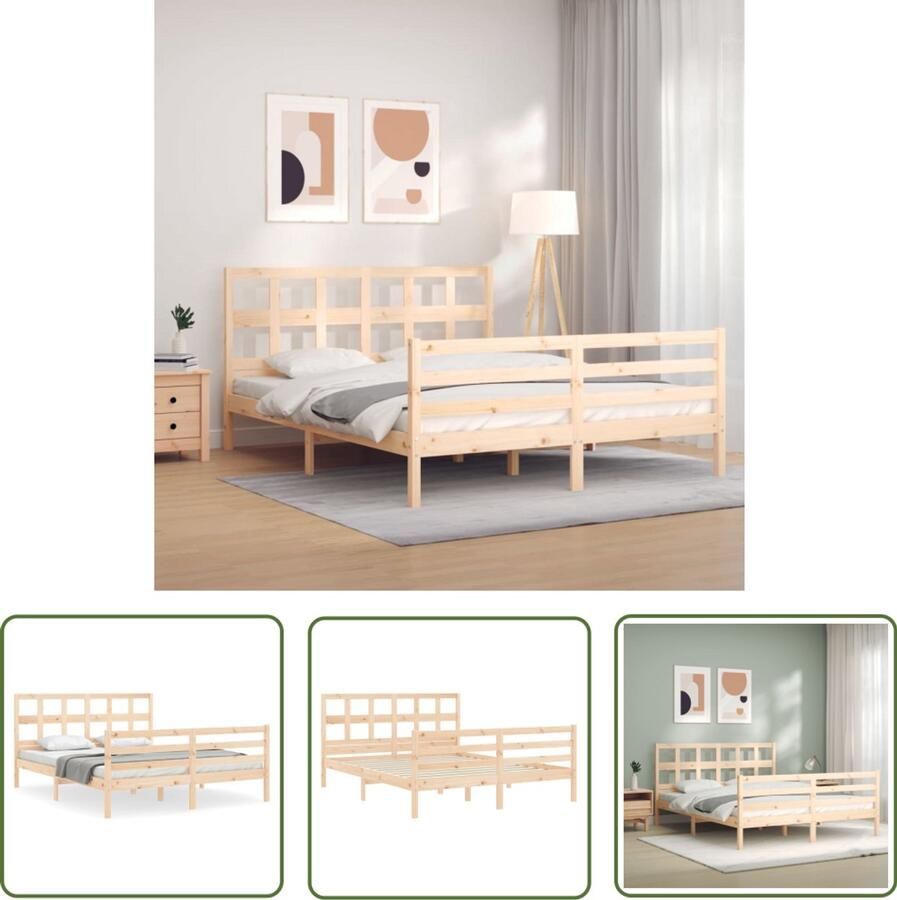 VidaXL Bed Frame Bruin Massief Houten Bed Bedframe met hoofdbord massief hout 160x200 cm Houten Bed 160x200 Tweepersoons Bed Slaapcomfort
