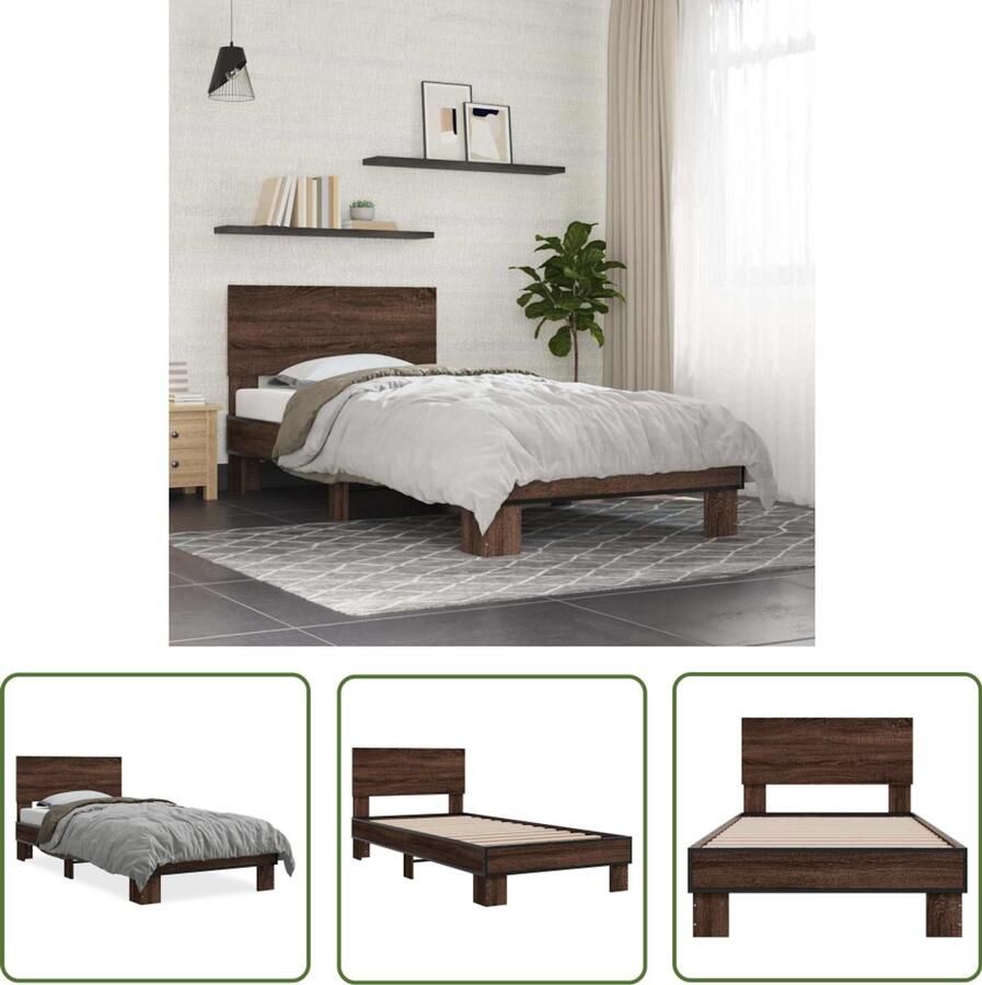 VidaXL Bed Frame Eiken Kleur Bruin Houten Bed Frame Bedframe bewerkt hout en metaal bruin eikenkleurig 100x200 cm Tweepersoons Bed Frame Bed Frame 100x200 Bed Frame Met Hoofdbord