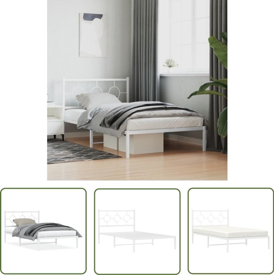 VidaXL Bedframe met hoofdbord metaal wit 107x203 cm Metalen Bedframe Bed Frame Staal Bedframe Wit Bedframe King Size Bedframe