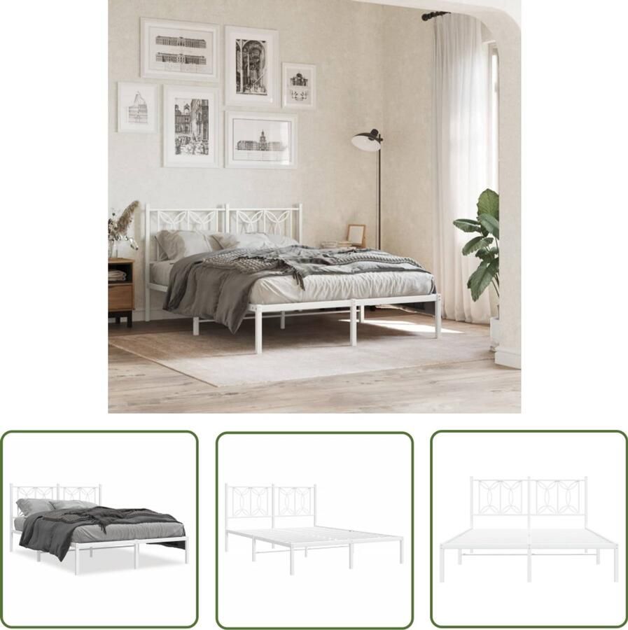 VidaXL Bedframe met hoofdbord metaal wit 140x190 cm Metalen Bedframe Bed Frame Bedhoofdbord Slaapkamers Wit Bedframe