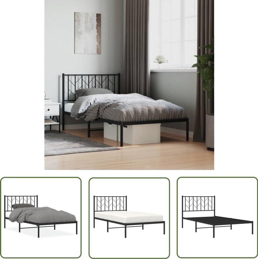 VidaXL Bed Frame Metalen Bedframe met hoofdbord metaal zwart 100x190 cm Boxspring Frame Staal Bedframe Zwart Bedframe