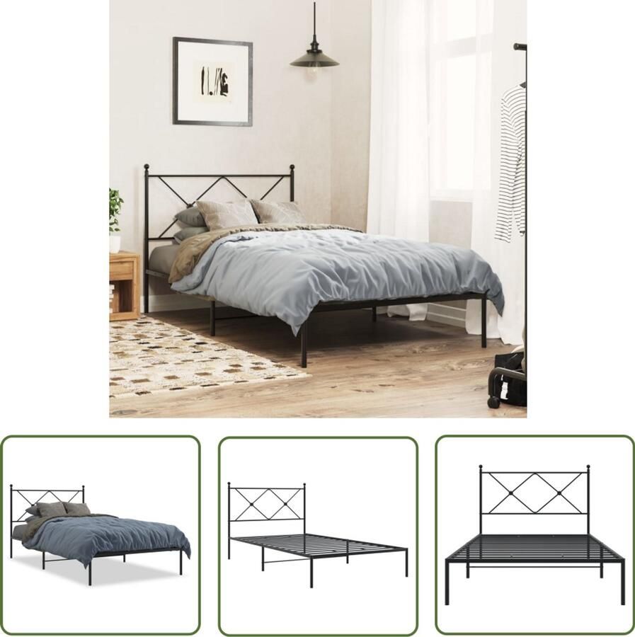 VidaXL Bedframe met hoofdbord metaal zwart 107x203 cm Metalen Bedframe Bed Frame Zwart Bedframe Staal Bedframe Enkel Bed