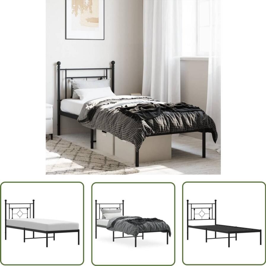 VidaXL Bedframe met hoofdbord metaal zwart 75x190 cm Metalen Bedframe Bed Frame Hoofdbord Staal Bedframe Zwart Bedframe