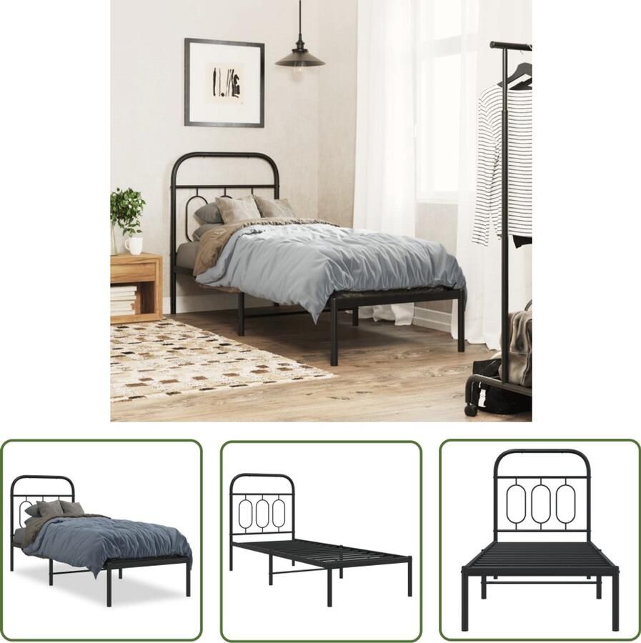 VidaXL Bedframe met hoofdbord metaal zwart 75x190 cm Metalen Bedframe Bed Frame Hoofdbord Zwart Bedframe Enkelpersoonsbed
