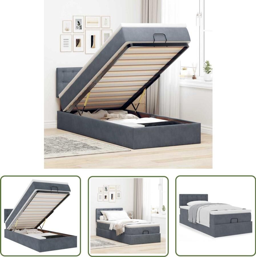VidaXL Bed Frame Ottoman Bed Ottoman bed met matras 90x200cm fluweel donkergrijs Boxspring Tweepersoons Bed Donkere Kleuren
