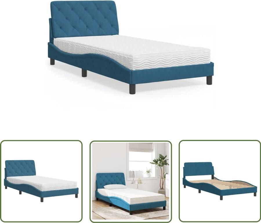 VidaXL Bed met matras fluweel blauw 100x200 cm Slaapcomfort Bed Frame Boxspring Tweepersoonsbed King Size Bed