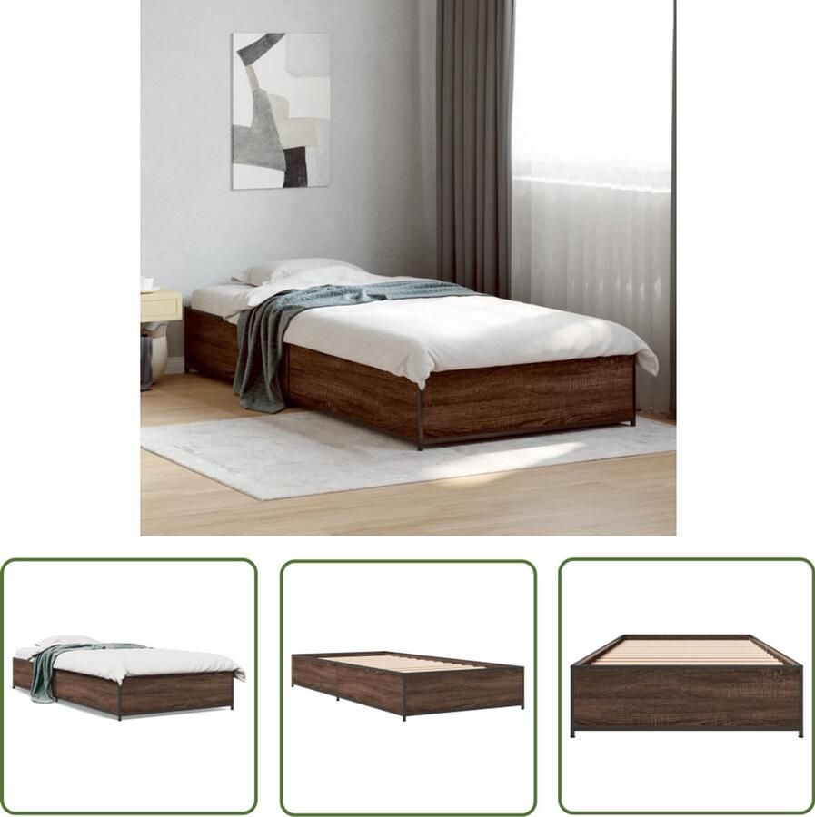 VidaXL Bed Frame Slaapcomfort Bedframe bewerkt hout en metaal bruin eikenkleurig 90x190 cm Houten Bed Bedkast Tweepersoonsbed