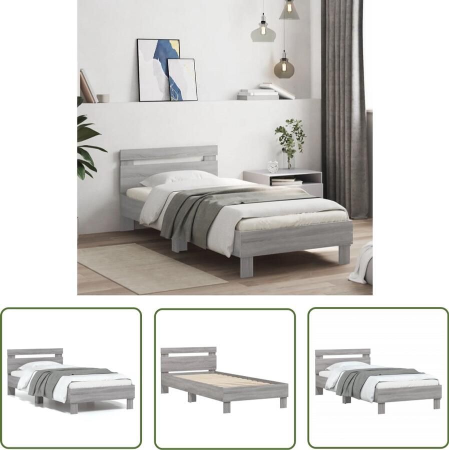 VidaXL Bed Frame Slaapcomfort Bedframe met hoofdbord bewerkt hout grijs sonoma 75x190 cm Houten Bed Grijze Bed Compact Bed