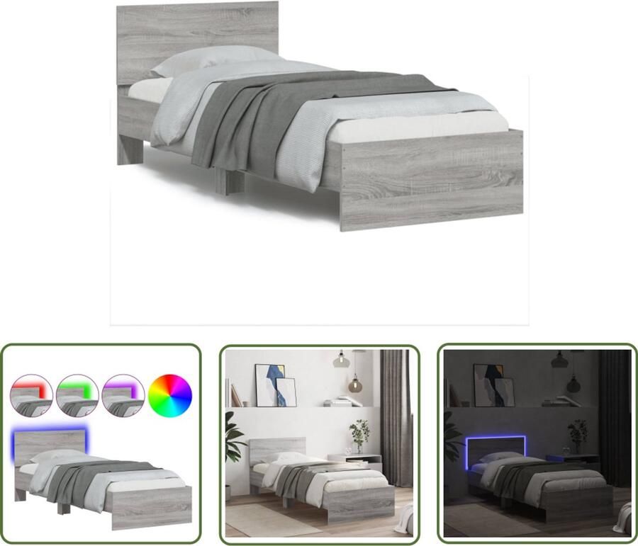 VidaXL Bed Frame Slaapcomfort Bedframe met hoofdbord en LED grijs sonoma eikenkleur 90x200 cm Houten Bed Design Bed Led Bed