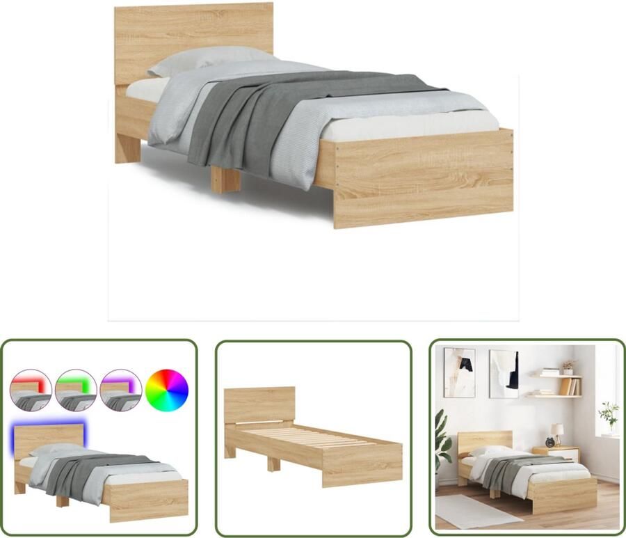 VidaXL Bedframe met hoofdbord en LED sonoma eikenkleurig 75x190 cm Slaapcomfort Bed Frame Houten Bed Led Lamp Headboard