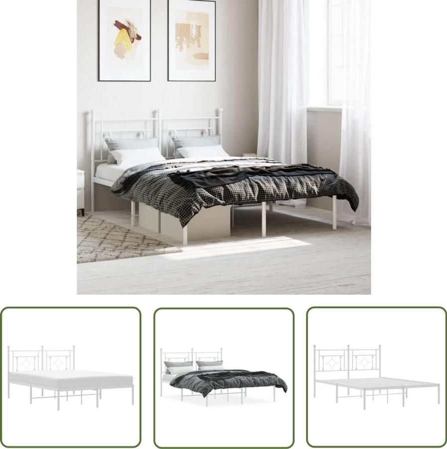 VidaXL Bedframe met hoofdbord metaal wit 140x190 cm Slaapcomfort Bed Frame Boxspring Metalen Bedframe Witte Bedbank