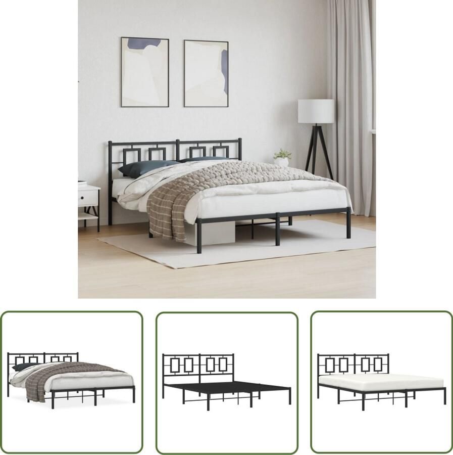 VidaXL Bed Frame Slaapcomfort Bedframe met hoofdbord metaal zwart 150x200 cm Boxspring Tweepersoonsbed Hoofdbord