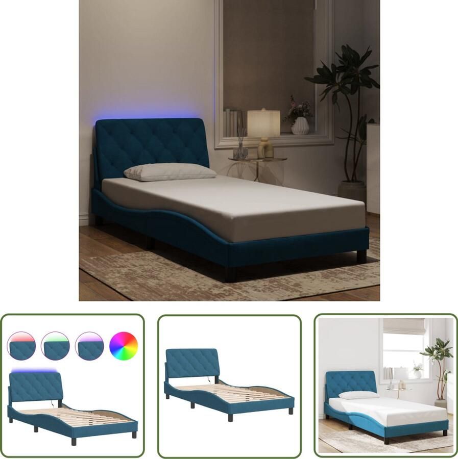 VidaXL Bedframe met LED zonder matras fluweel blauw 100x200 cm Slaapcomfort Bed Frame Led Verlichting Fluweel Bed Hoofdkussens