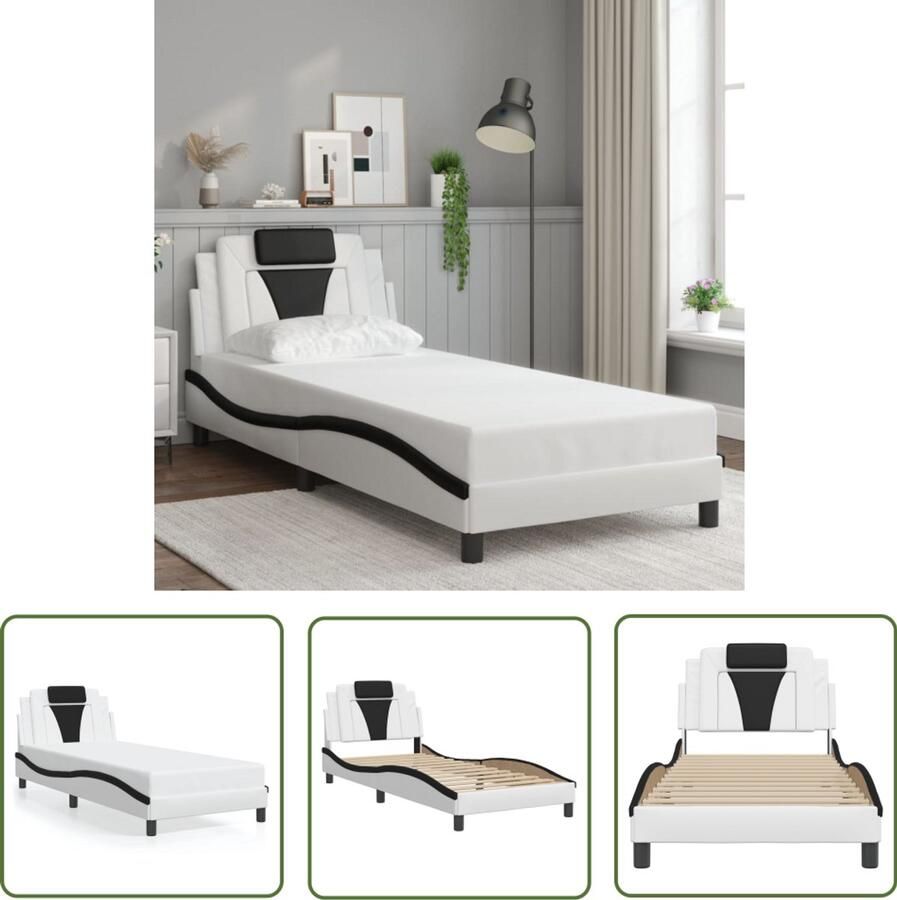 VidaXL Bed Frame Slaapcomfort Bedframe Viana zonder matras kunstleer wit en zwart 90x200 cm Boxspring Hoofdbord Kunstleder