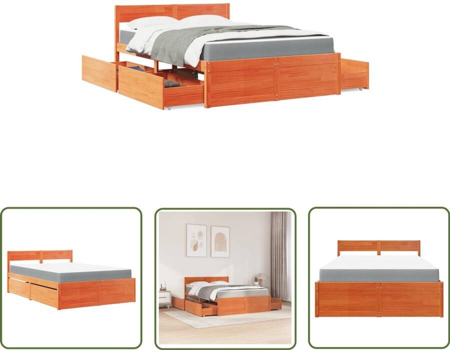 VidaXL Bed Frame Slaapkamers Bed met lades en matras massief grenenhout wasbruin 140x190 cm Houten Bed Grenenhouten Bed Boxspring