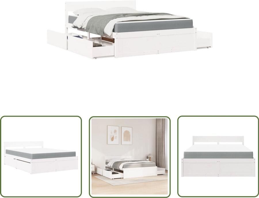 VidaXL Bed Frame Slaapkamers Bed met lades en matras massief grenenhout wit 140x200 cm Houten Bed Grenenhouten Bed Tweepersoonsbed