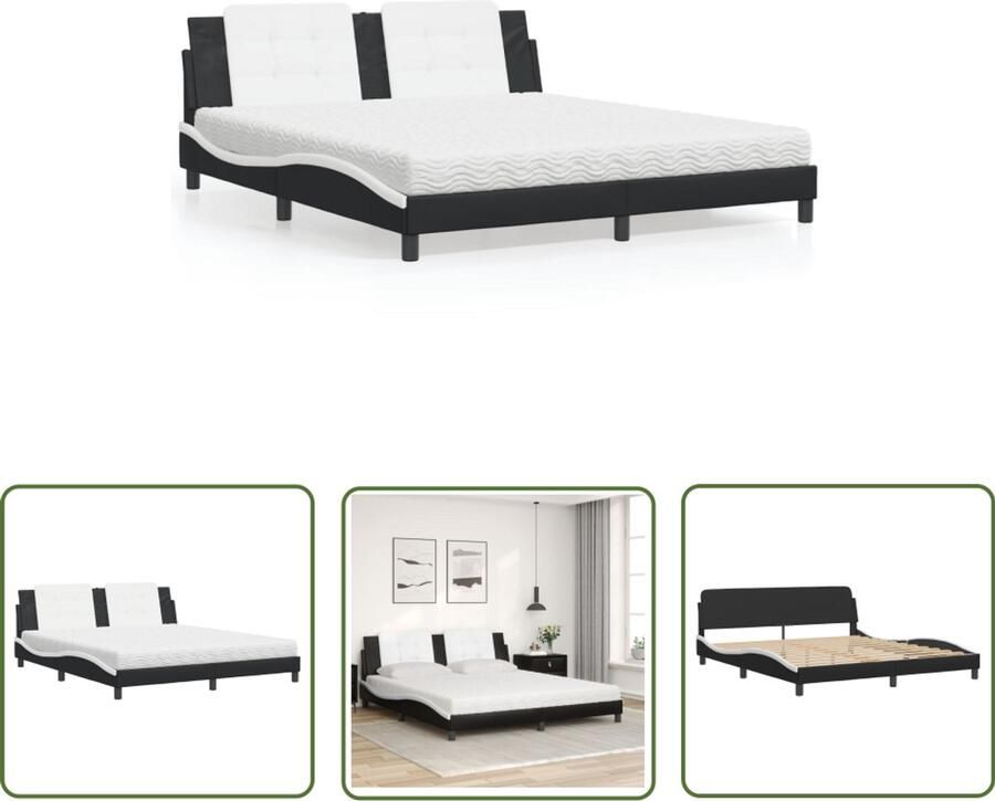 VidaXL Bed Frame Slaapkamers Bed met matras Zadar kunstleer zwart en wit 180x200 cm Boxspring Tweepersoonsbed Kunstleder