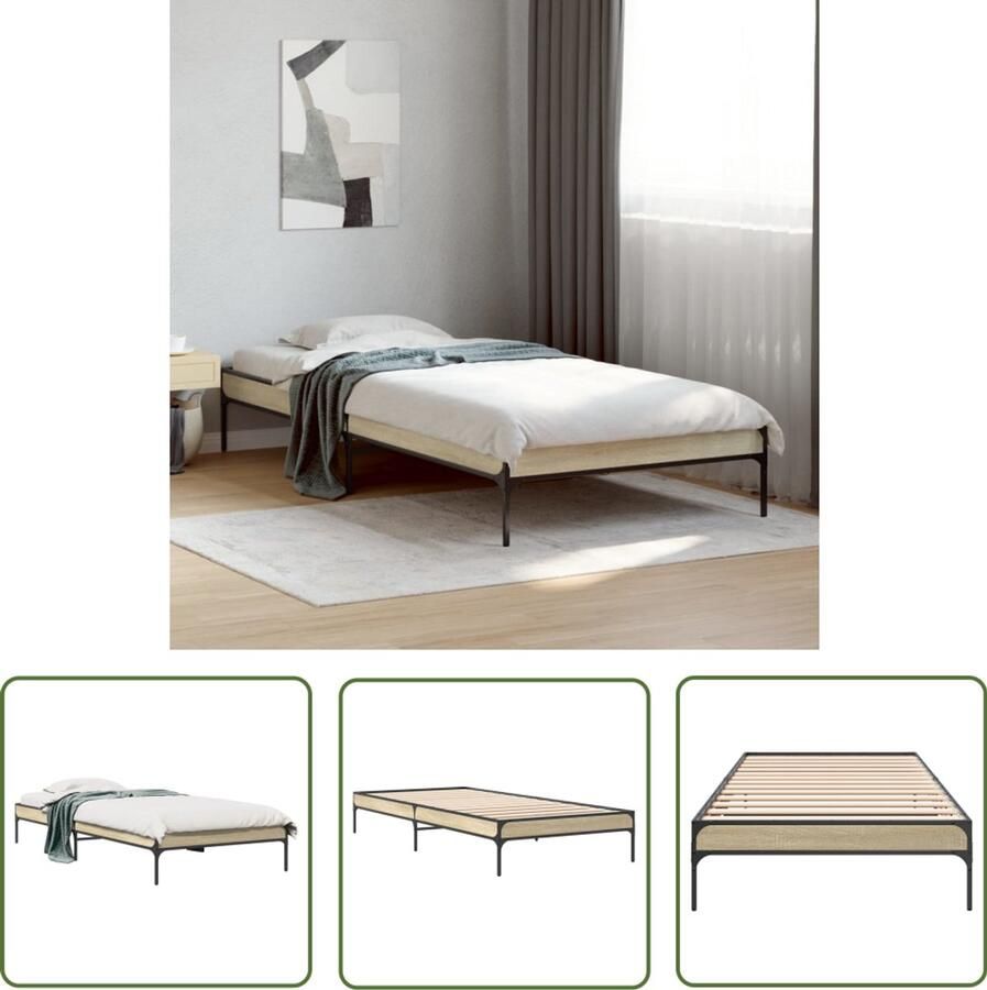 VidaXL Bed Frame Slaapkamers Bedframe bewerkt hout en metaal sonoma eikenkleurig 90x200 cm Houten Bed Sonoma Eiken Tweepersoonsbed