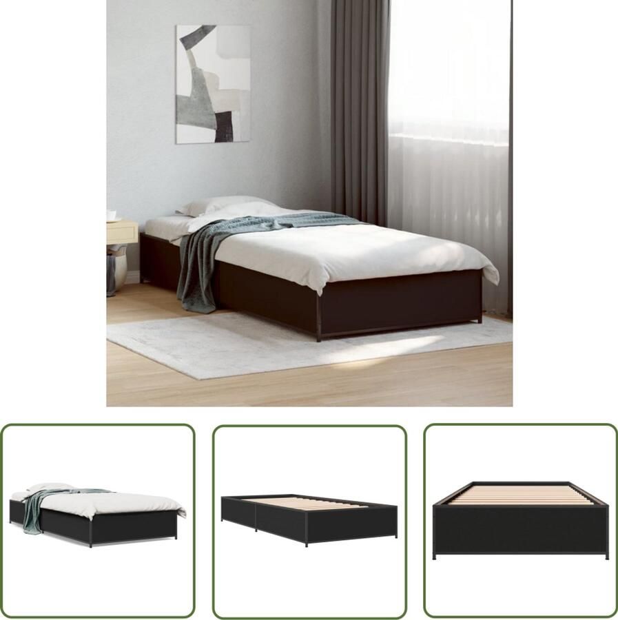 VidaXL Bedframe bewerkt hout en metaal zwart 100x200 cm Slaapkamers Bed Frame Houten Bed Zwart Bed Tweepersoonsbed