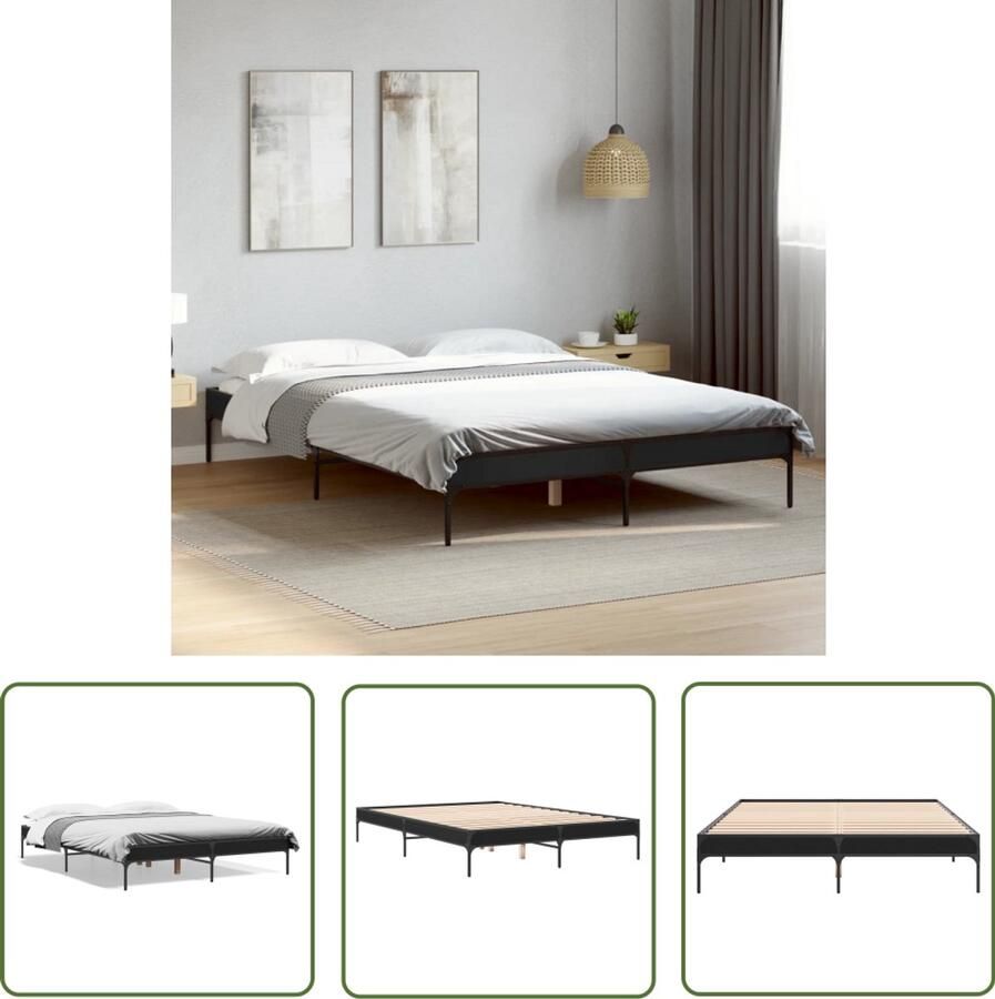 VidaXL Bed Frame Slaapkamers Bedframe bewerkt hout metaal zwart 150x200 cm Houten Bed Zwart Bed Tweepersoonsbed