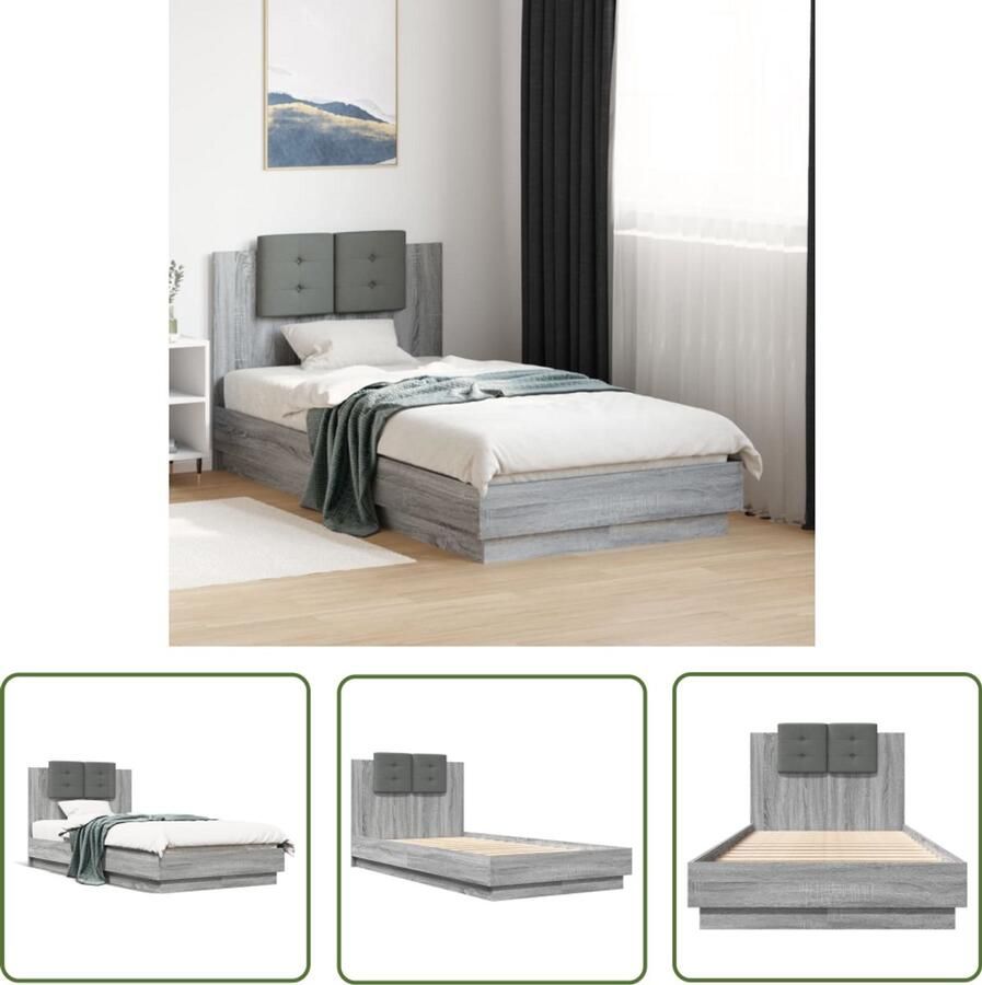 VidaXL Bed Frame Slaapkamers Bedframe met hoofdbord bewerkt hout grijs sonoma 75x190 cm Houten Bed Grijze Bed Compact Bed