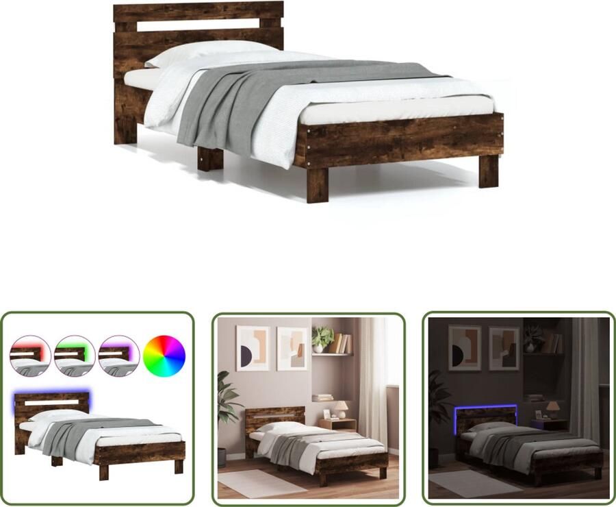VidaXL Bedframe met hoofdbord en LED gerookt eikenkleurig 75x190 cm Slaapkamers Bed Frame Houten Bed Led Lamp Modern Bed