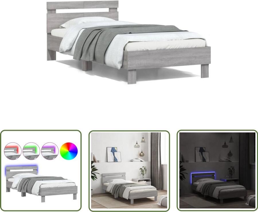 VidaXL Bed Frame Slaapkamers Bedframe met hoofdbord en LED grijs sonoma eiken 100x200 cm Led Lamp Houten Bed Design Bed