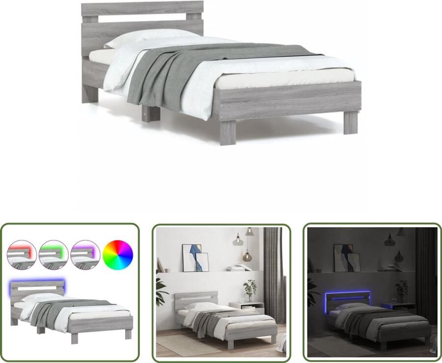VidaXL Bed Frame Slaapkamers Bedframe met hoofdbord en LED grijs sonoma eikenkleur 90x200 cm Houten Bed Led Lamp Grijze Kamer