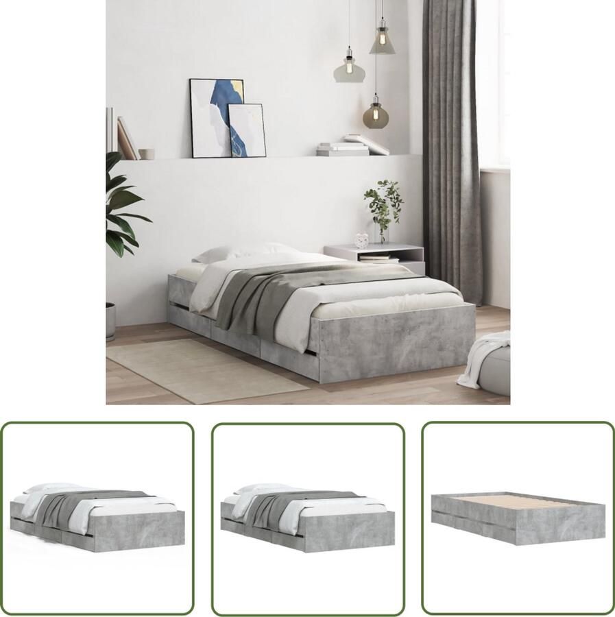 VidaXL Bedframe met lades bewerkt hout betongrijs 90x200 cm Slaapkamers Bed Frame Houten Bed Grijs Bed Tweepersoonsbed
