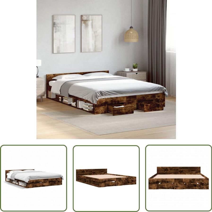 VidaXL Bed Frame Slaapkamers Bedframe met lades bewerkt hout gerookt eikenkleurig 120x190 cm Houten Bed Bruine Bed Tweepersoonsbed