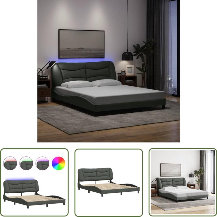 VidaXL Bed Frame Slaapkamers Bedframe met LED zonder matras Hvar 160x200 cm stof donkergrijs Boxspring Led Verlichting Donker Grijs