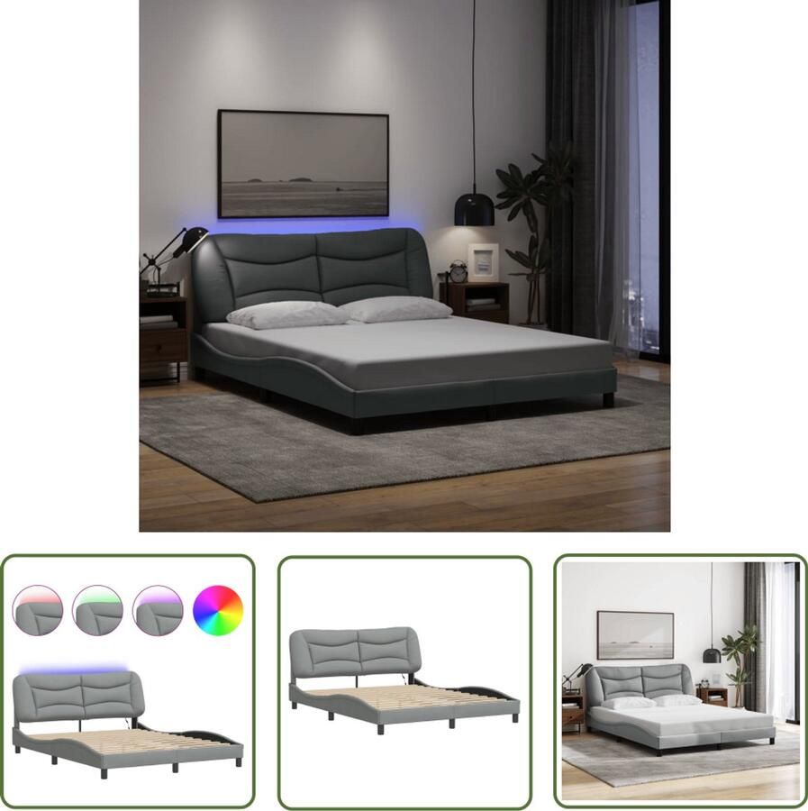 VidaXL Bed Frame Slaapkamers Bedframe met LED zonder matras Hvar 160x200 cm stof lichtgrijs Boxspring Led Lamp Modern Design