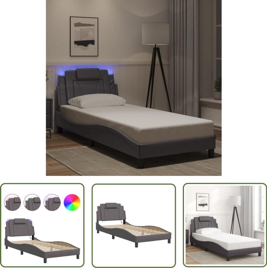 VidaXL Bed Frame Slaapkamers Bedframe Viana met LED zonder matras kunstleer grijs 80x200 cm Led Lamp Kunstleder Grijze Bedden