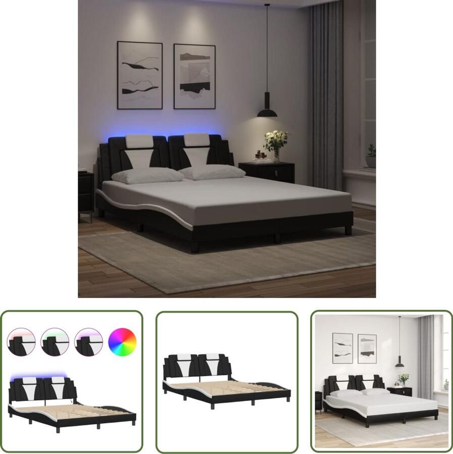 VidaXL Bed Frame Slaapkamers Bedframe Viana met LED zonder matras kunstleer zwart en wit 160x200 cm Led Verlichting Kunstleder Bed Modern Bed
