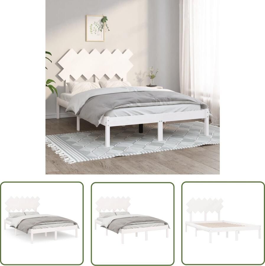The Living Store Bedframe massief grenenhout wit 135x190 cm 4FT6 double Bedframe Bedframes Bed Bedbodem Ledikant Bed Frame Massief Houten Bedframe Slaapmeubel Tweepersoonsbed Bedden Bedbodems - Foto 3