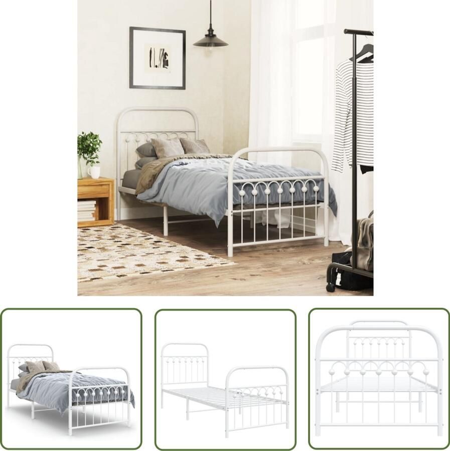 VidaXL Bed Frame Wit Metalen Bed Frame Bedframe met hoofd- en voeteneinde metaal wit 75x190 cm Bed Frame 75x190 Staal Bed Frame Boxspring Onderstel