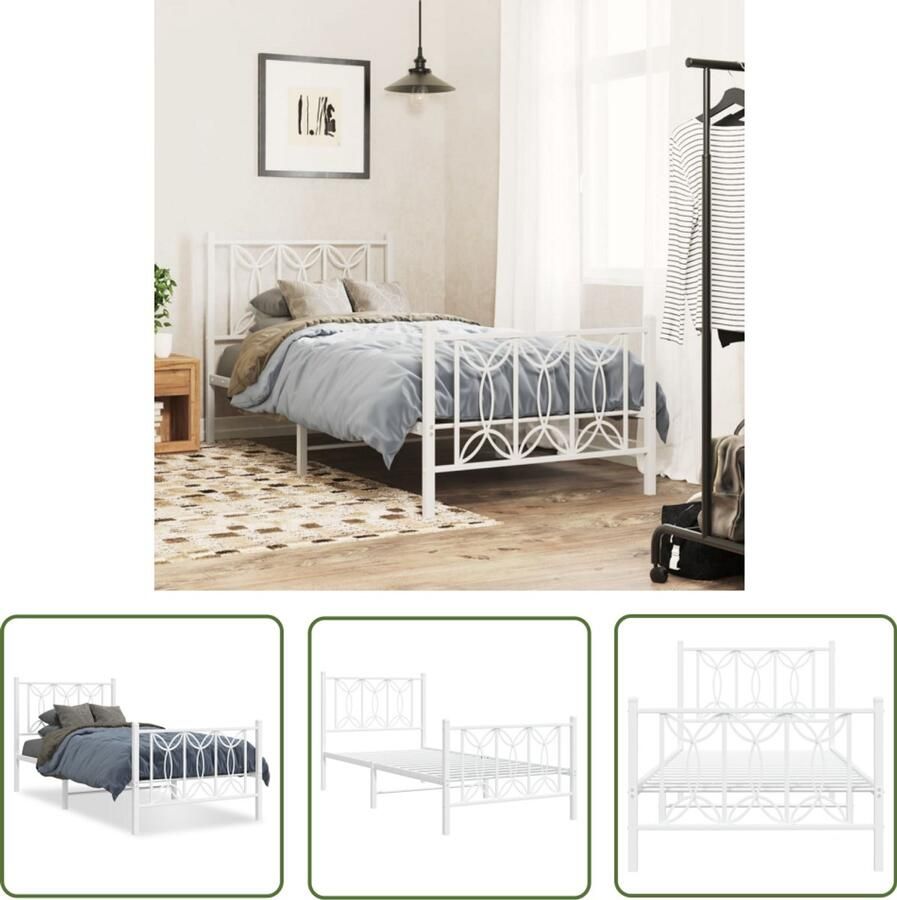 VidaXL Bed Frame Wit Metalen Bed Frame Bedframe met hoofd- en voeteneinde metaal wit 75x190 cm Bed Frame 75x190 Staal Bed Frame Hoofdbord Bed