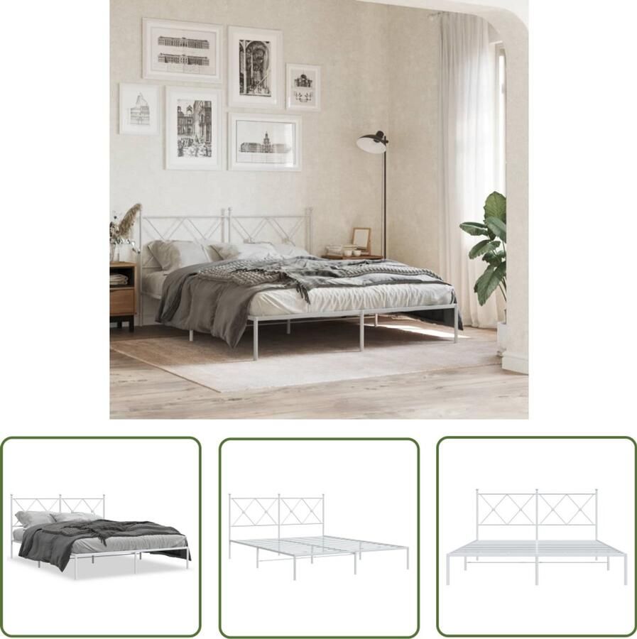 VidaXL Bed Frame Wit Metalen Bed Frame Bedframe met hoofdbord metaal wit 150x200 cm Boxspring Frame Hoofdbord Bed Staal Bed Frame